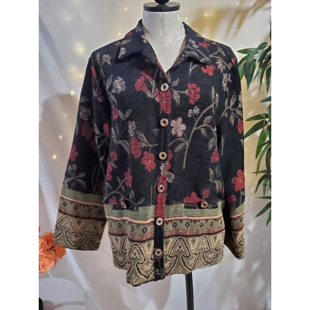 Vtg Sag Harbor Woven Tapestry Floral Boho Button Jacket Womens Size 8 Artsy